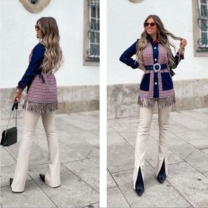 Uterque fringe jeweled belt contrast ghingam denim shacket